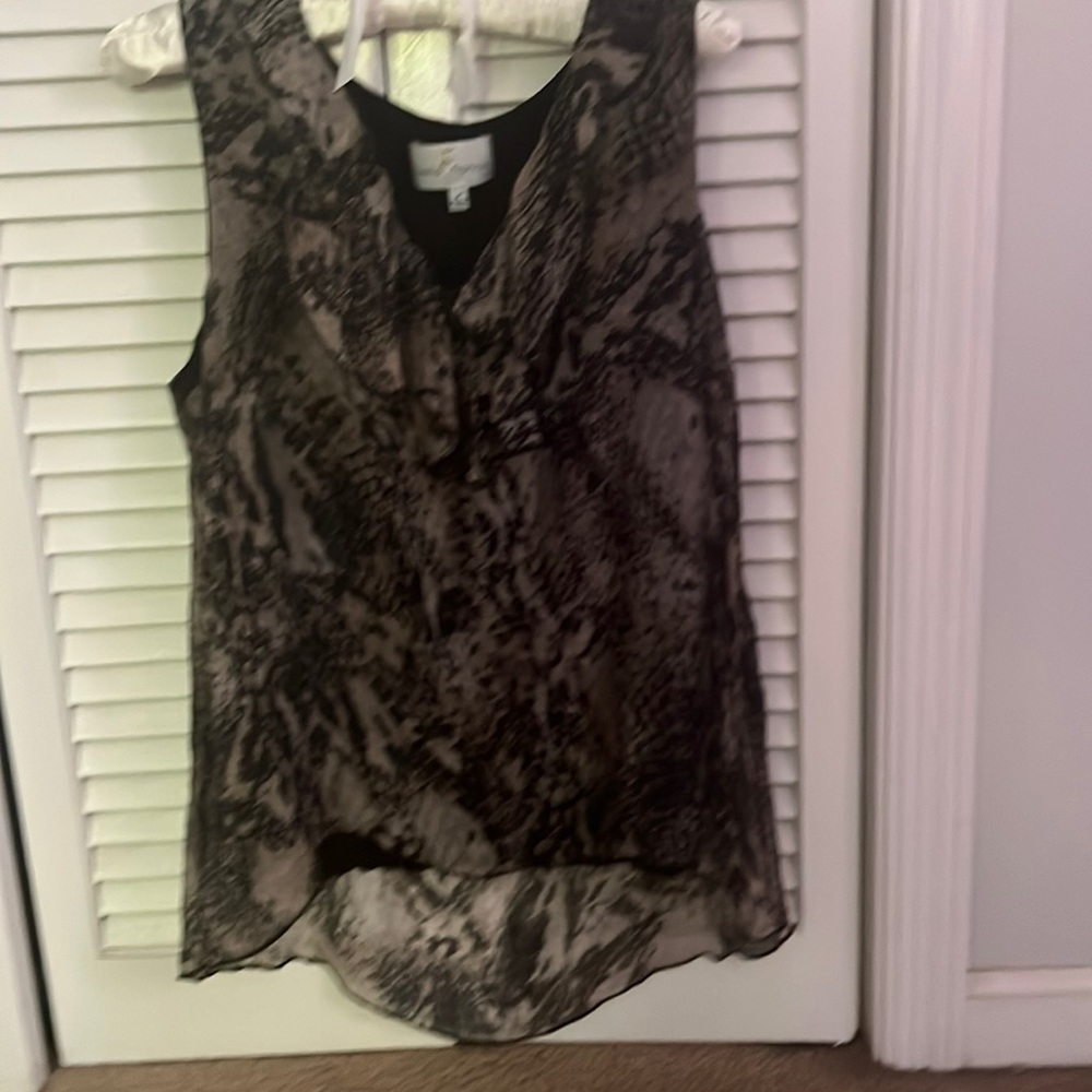 Belle France Tan Black Ruffle Silk Blend Keyhole Sleeveless Blouse Top Medium